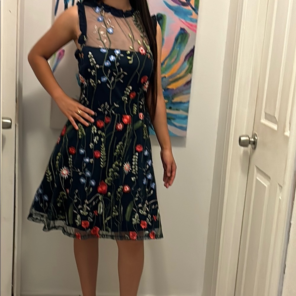 City Studio Navy Dress with Floral Embroidery